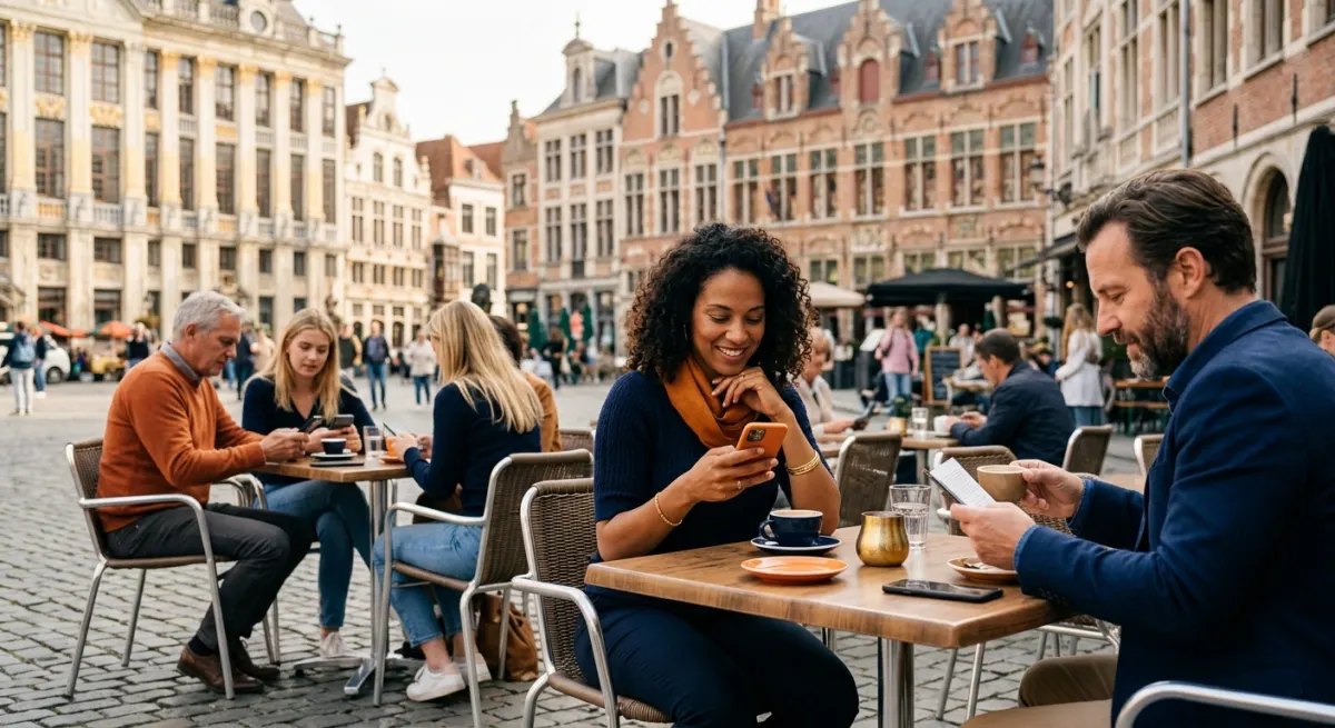 Belgium social media statistics in context: people checking their phones at a cafe terrace on a square in a Belgian city